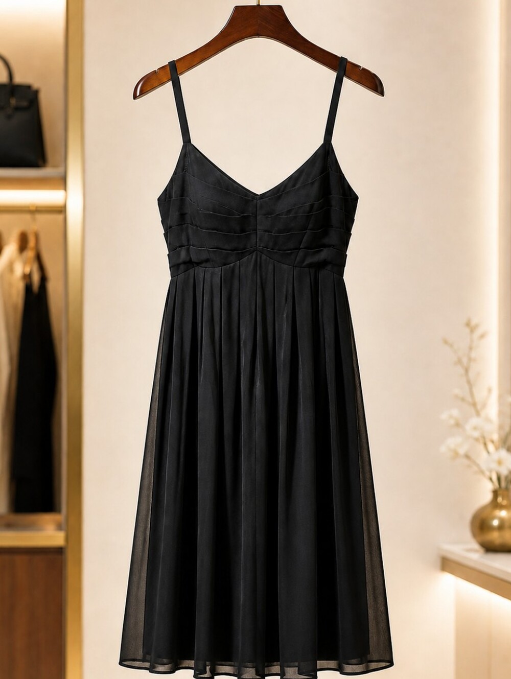 Tapemeasure Black Pleated Empire Waist Dress. Lined.